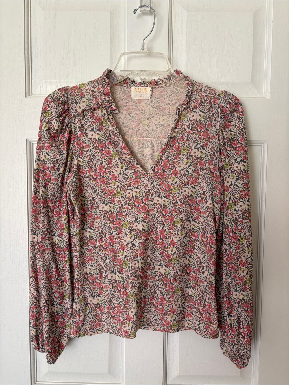 Nation LTD Pink Floral V-Neck Long Sleeve Blouse